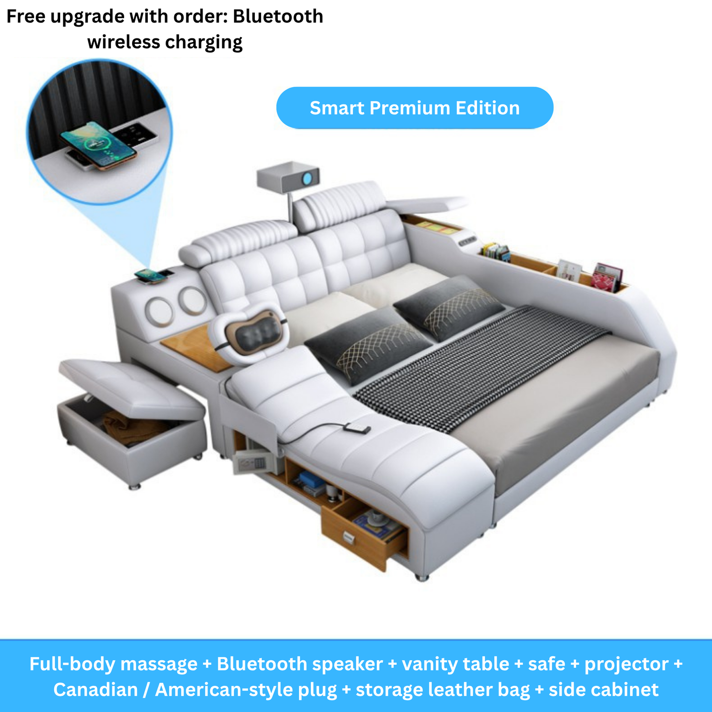 White Smart Bed with Bluetooth Speakers | TV and Massage Bed