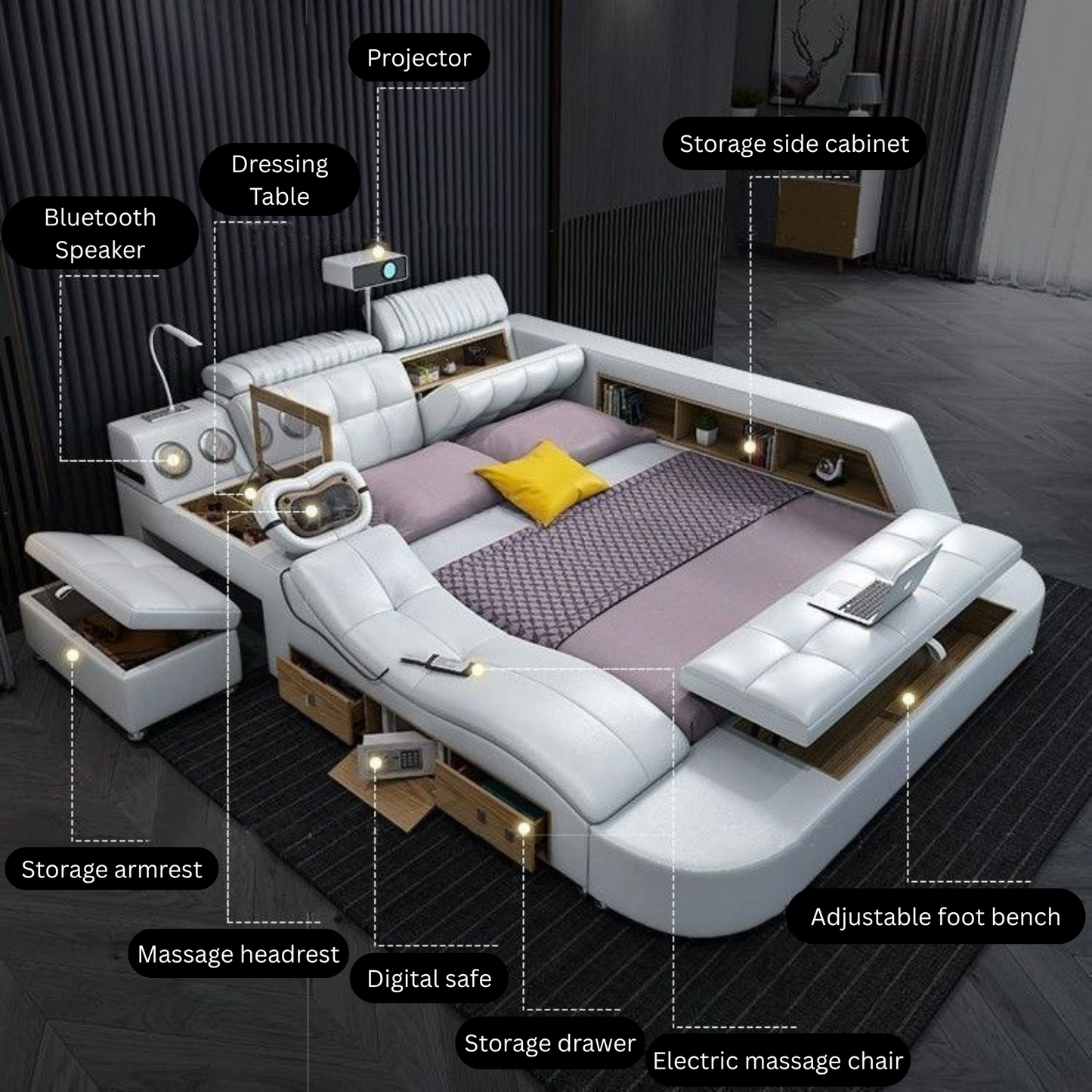 Bed Frame with Massage Bed and Speakers-Moonsaire
